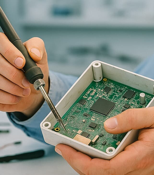 Feinreparatur einer elektronischen Laborgeräte-Komponente unter der Lupe