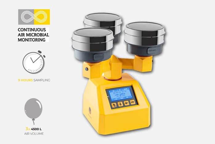 AIRBIO TRIO CM – kontinuierlicher Luftkeimsammler mit drei Aspirationsköpfen und Display; Hinweisgrafiken zu 9-Stunden-Sampling und 3×4.500 L