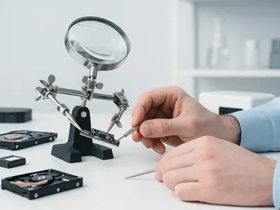 Wartung und Kalibrierung von Laborgeräten im technischen Servicebereich Techniker arbeitet an elektronischer Komponente mit Präzisionswerkzeug und Lupe im sauberen Laborumfeld