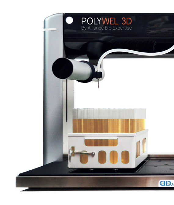 Automatisierte Laborabfüllstation POLYWEL 3D® mit Röhrchengestell im Frontansicht