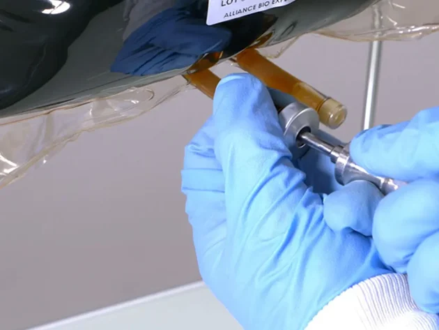 Einsetzen eines Trokars in einen BAGGYWEL® Beutel zur sterilen Entnahme von Nährmedium im mikrobiologischen Labor