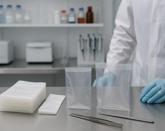 Sterile Mischerbeutel auf Labortisch mit Edelstahlfläche – Vorbereitung mikrobiologischer Proben